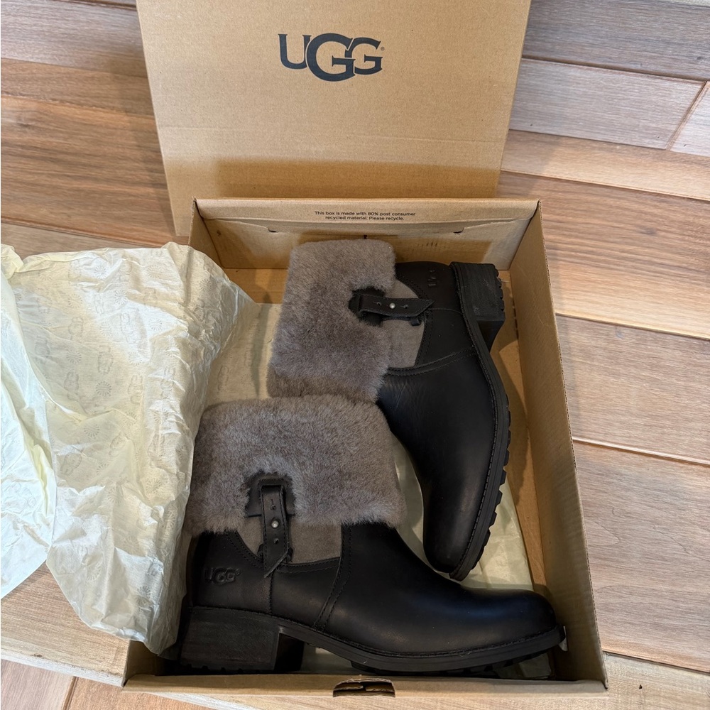 UGG Chyler Black Leather Boots/Shearling Cuff - Size 7 - New in Original Box